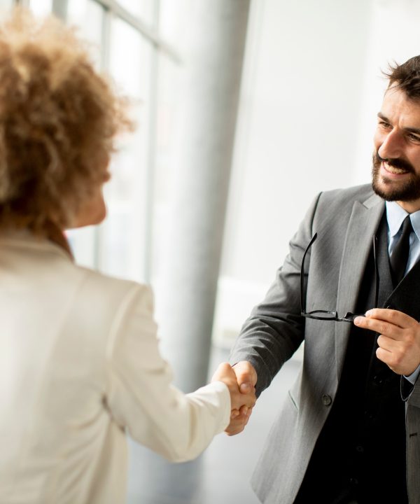 Couple of multiethnic business people handshaking in the office